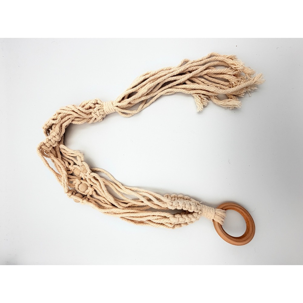 Handmade Macrame Plant Hanger Cream Cotton Wood Bead Boho Indoor Decor 31 Inch